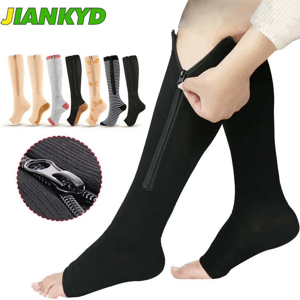 

1Pair Zipper Compression Socks, Calf Knee High Open Toe Compression Stocking for Swelling, Shin Splint, Varicose Veins, Edema