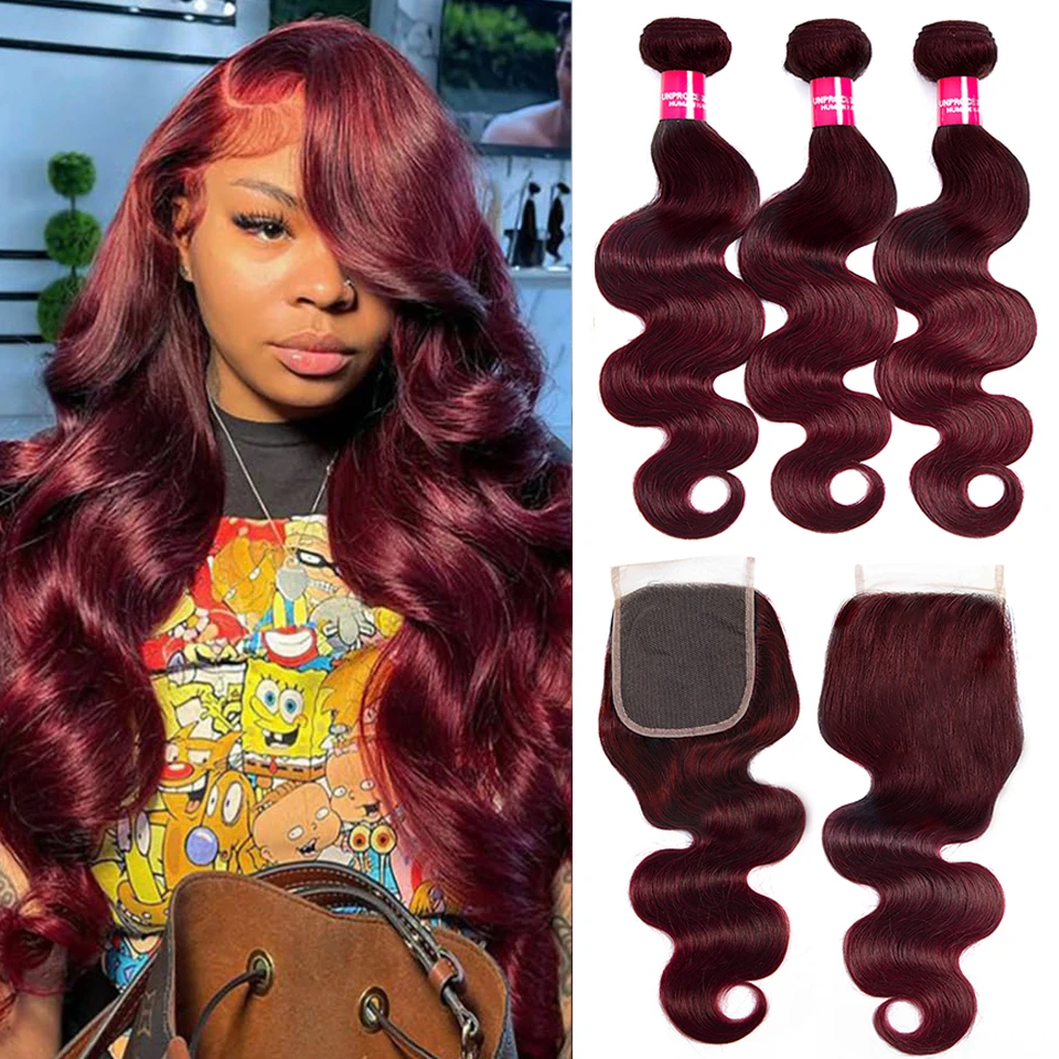 99J Body Wave Human Hair Bundles With Closure Burgundy Red Colored Body Bundles Human Hair Extensions Remy