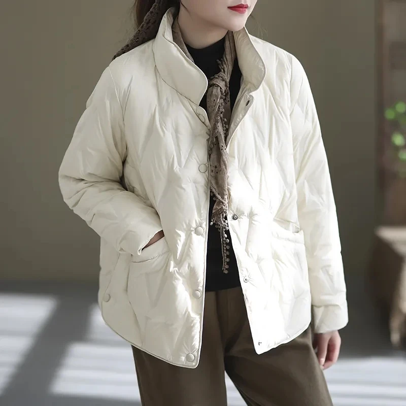 

Womens Ultra Light White Down cotton Jacket Lady O Neck Single-breasted Bomber Coat Casual Diamond lattice Short Parka