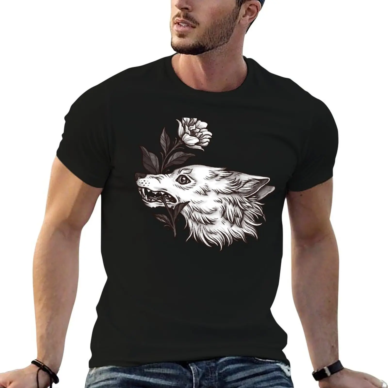 

White Wolf Tattoo Sketch Oldschool Wolf Vintage Witchcraft Green Witch Forest Witch Wicca Cottagecore Fox Thieran Furry T-Shirt