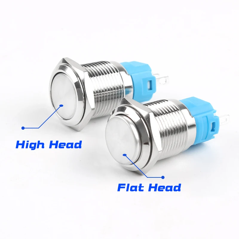 16mm Metal Push-Button Switch with Silver and Black Casing, Self-Locking and Self-Resetting, Without Light, High Head Flat Head