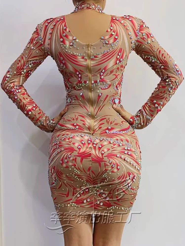 High Quality Printed Hot Diamond Elastic Slim Fit Dress 2024 New Fashion Custom Women'S Clothing