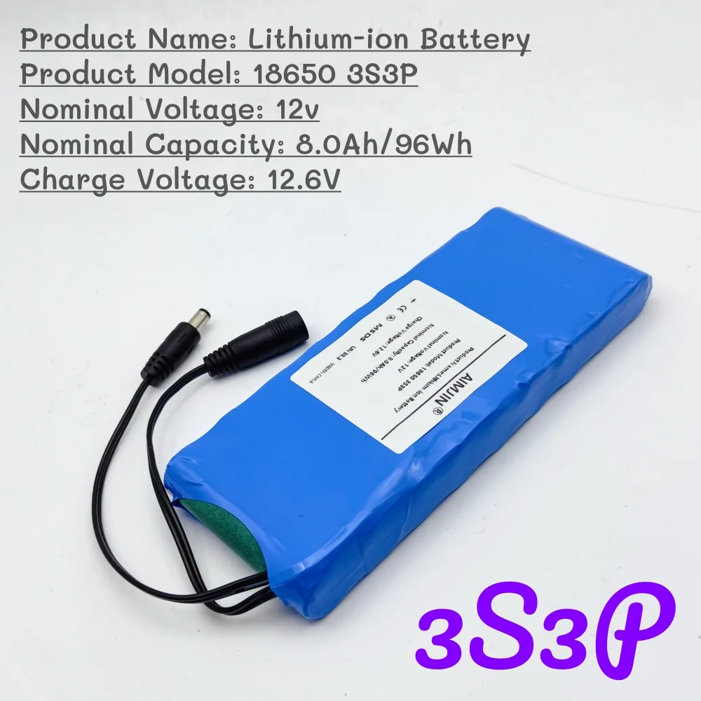 حزمة بطارية ليثيوم أيون قابلة لإعادة الشحن 12 فولت 8000 مللي أمبير في الساعة 8 أمبير في الساعة - مصدر طاقة محمول عالي السعة لكاميرات CCTV/الشاشة