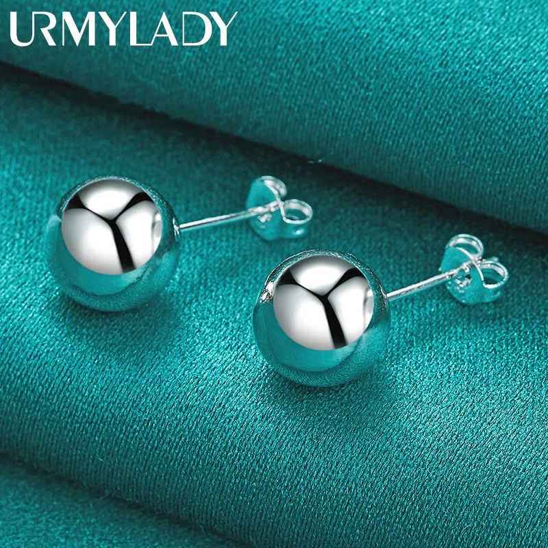 URMYLADY 925 Sterling Silver 8MM Bead Stud Earrings For Women Fashion Wedding Engagement Charm Jewelry