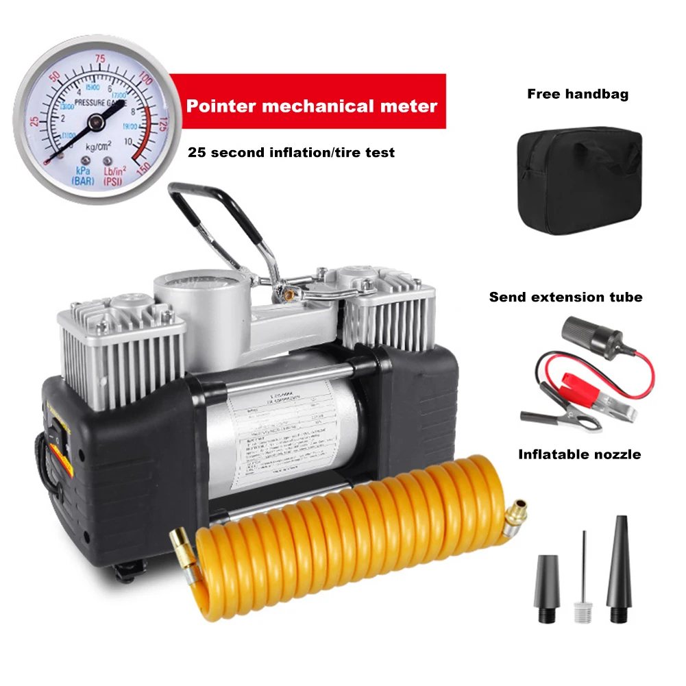 12V 150PSI Car Tire Pump Dual Cylinder Car Electric Air Pump Heavy Duty Electric Car Tyre Inflator Portable Metal Air Compressor