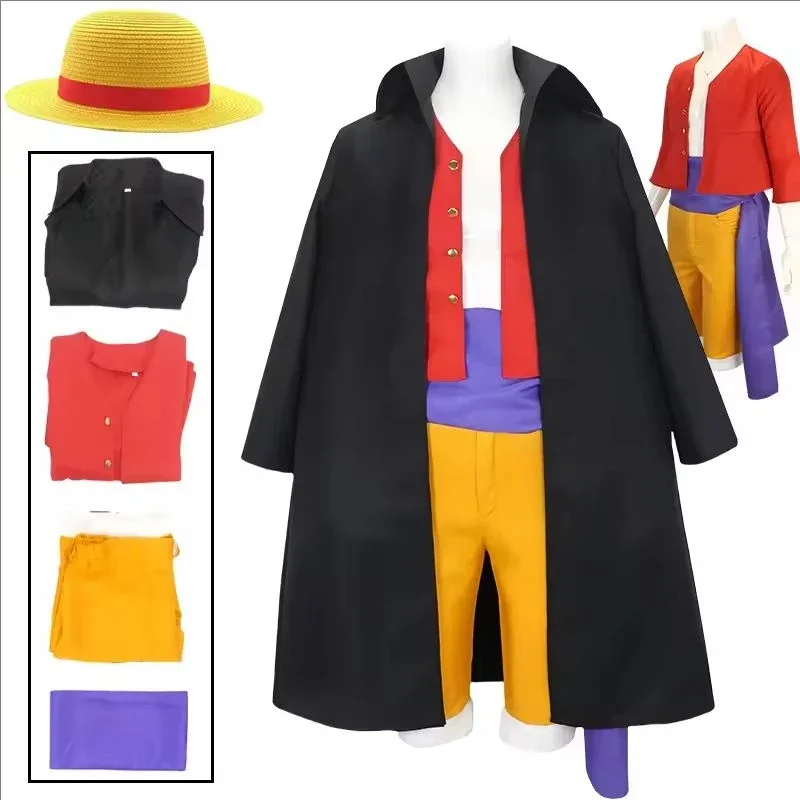 2026 Neues Erwachsenen-Anime-Luffy-Cosplay-Kostüm mit Strohhut für Halloween, Karneval, Uniform, Mantel, Hose, Gürtel, Komplettset mit Hut für Partys
