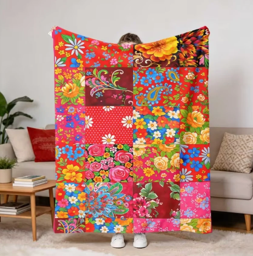 1pc Vibrant Floral Patchwork Flannel Blanket Soft, Warm, AllSeason Cover for Sofa, Bed, Office, Camping & Travel Blanket