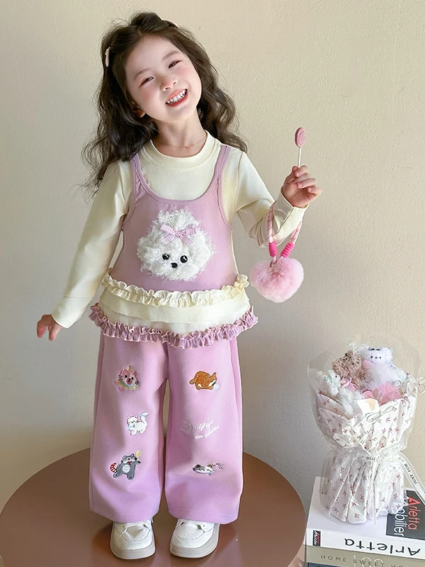 Roupa bordada para meninas verão outono faion conjunto solto calças de perna larga falso top de duas peças princ sle estudante orm