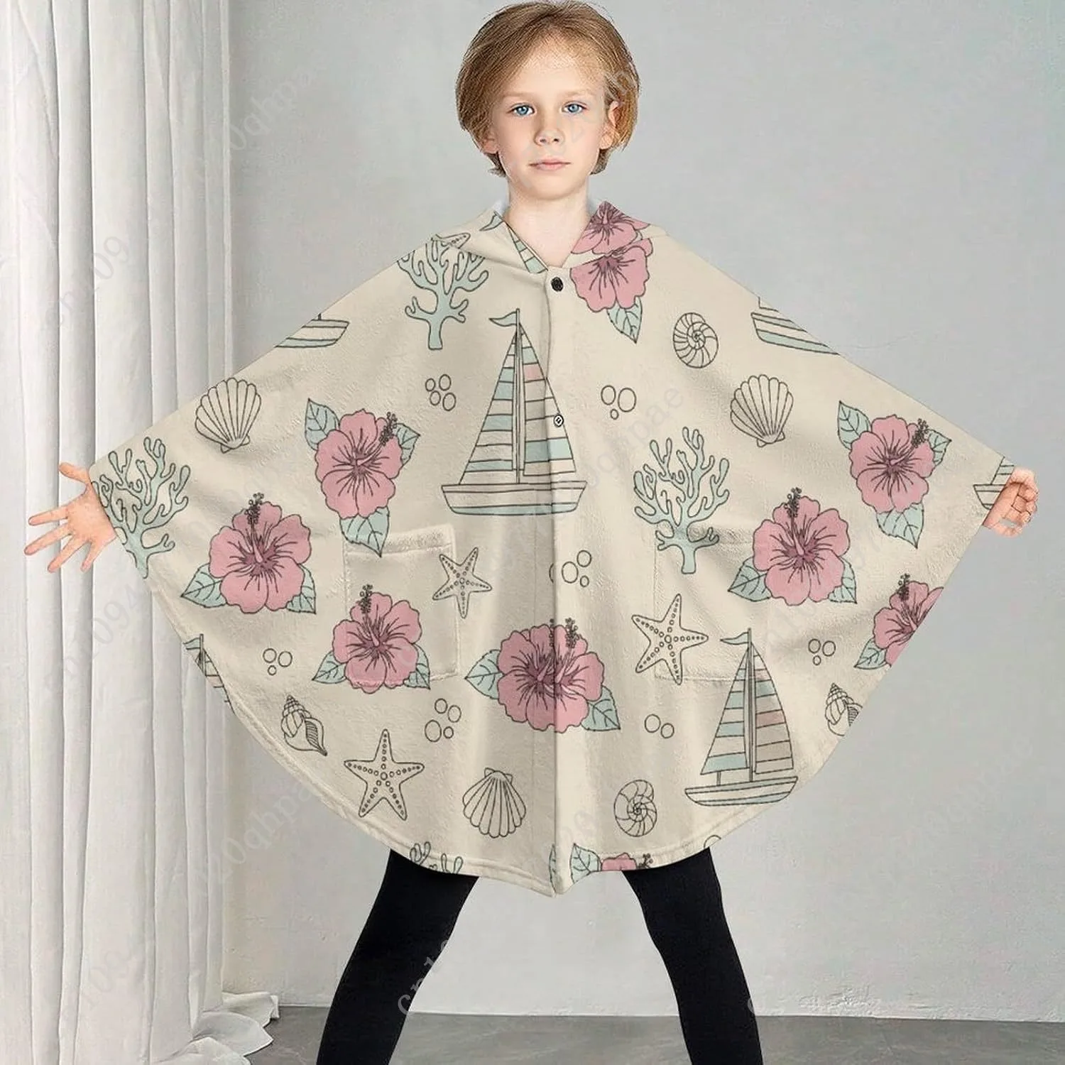 سترة بطانية مريحة من الفلانيل، سترة بقلنسوة كبيرة الحجم للحياة البحرية مع جيوب للأطفال والمراهقين