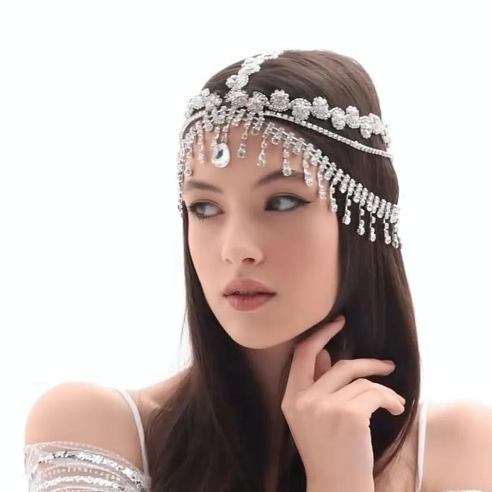 Indian Multilayer Tassel Headband Tiara Wedding Hair Accessories Elegant Headwear Queen Rhinestone Head Chain Hat Party Women