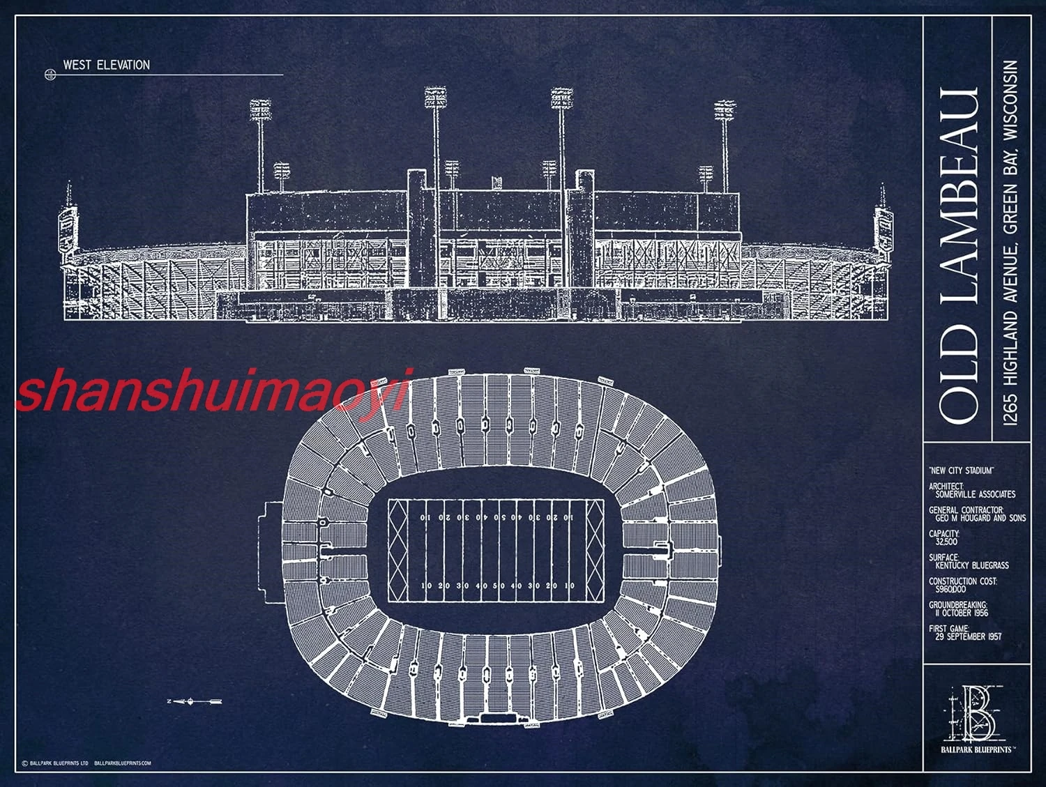 Lambeau Field Blueprint Style Print ALI