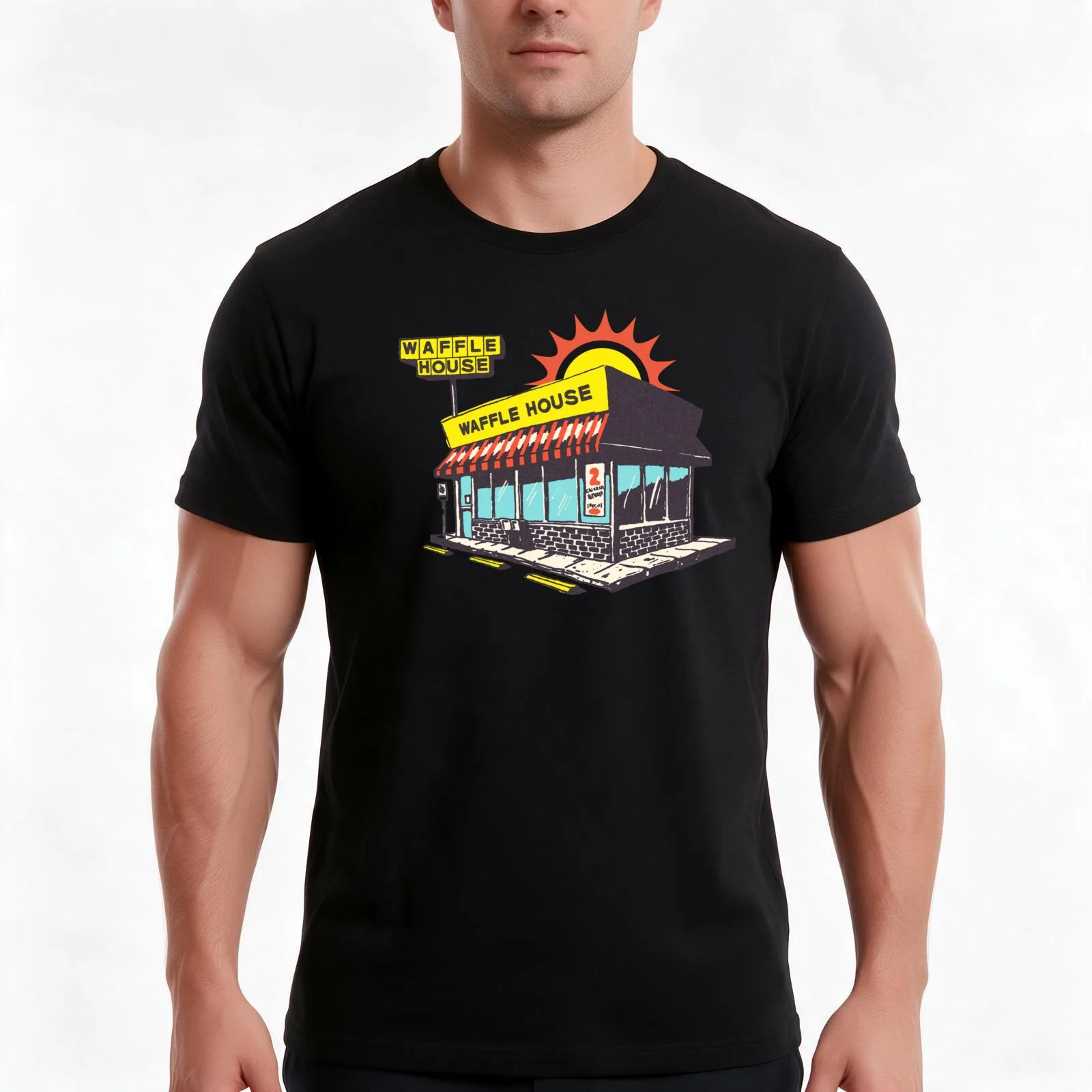 Waffle Restaurant, Retro Restaurant Graphic T-Shirt, Summer Casual Cotton Tee, Oversized Streetwear Tops, Vintage Graphic Print