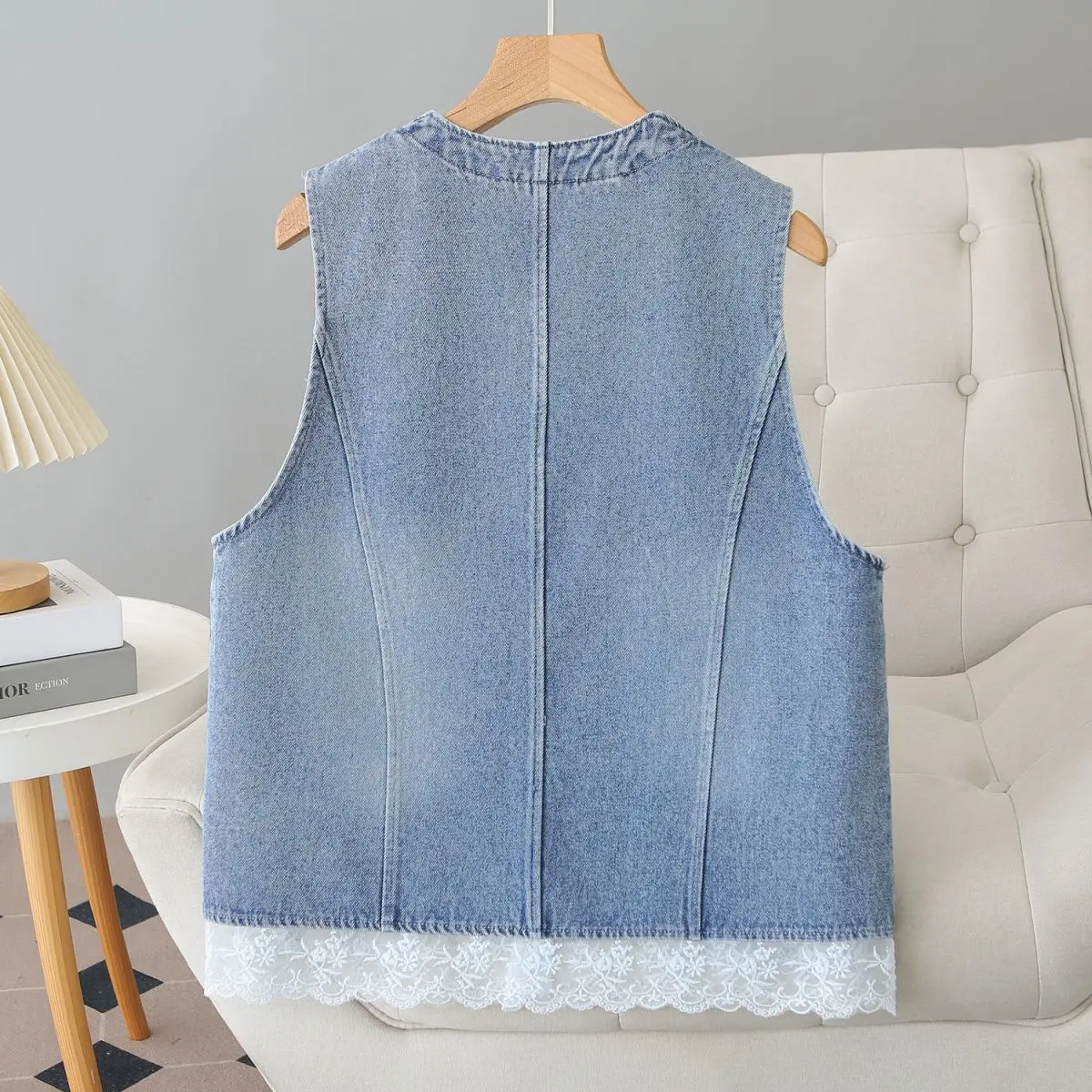 New V-Neck Cowboy Sleeveless Jacket Female Large-Size Lace Denim Vest Coat Spring Summer Loose Temperament Waistcoat Outwear Top