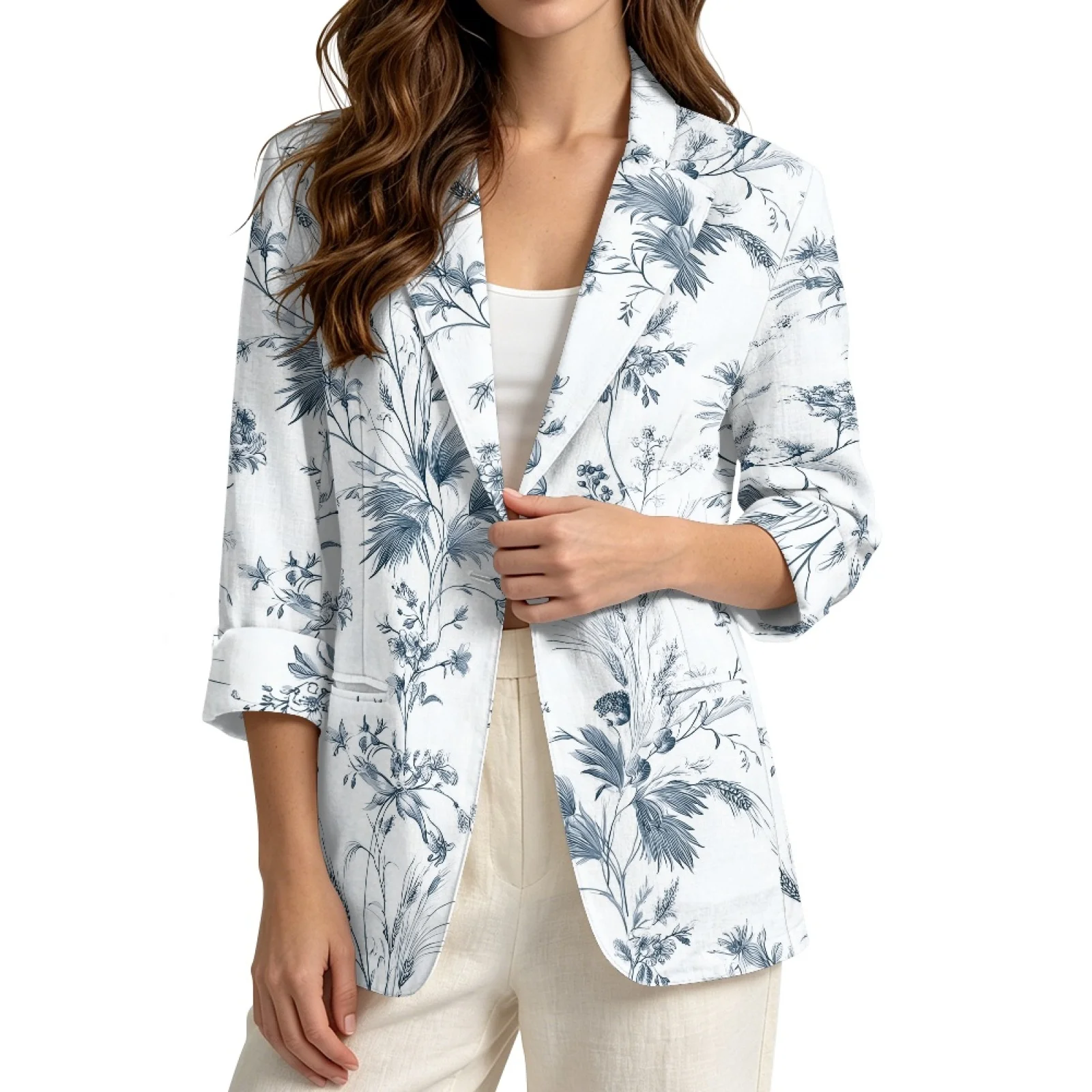 PENSTROLL Blue Floral Print Linen Style Fall Jackets S-3XL Open Front Beach Cover up with Pockets for Womens Daily Wear