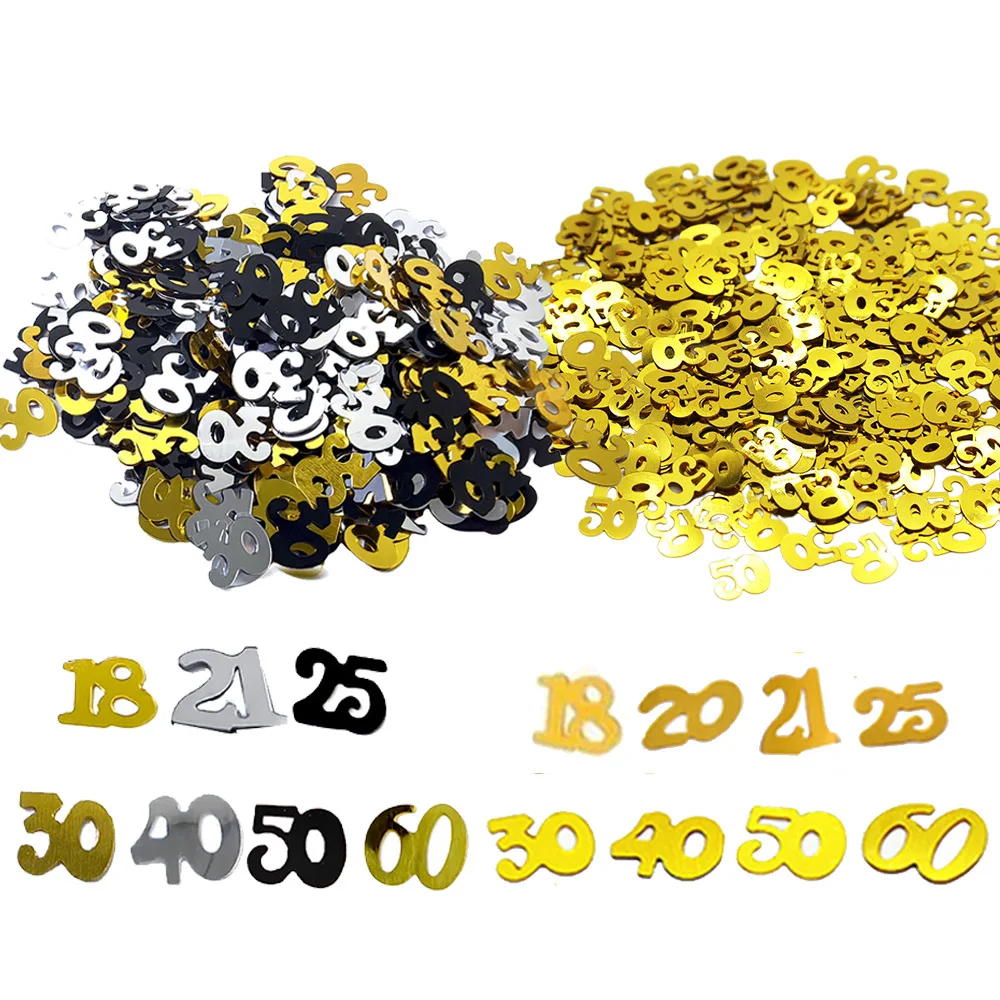18/30/40/50/60 Coriandoli di compleanno 15g Numero 18/30/40/50/60 Oro Nero Argento Coriandoli di compleanno Decorazioni per la tavola della festa di compleanno