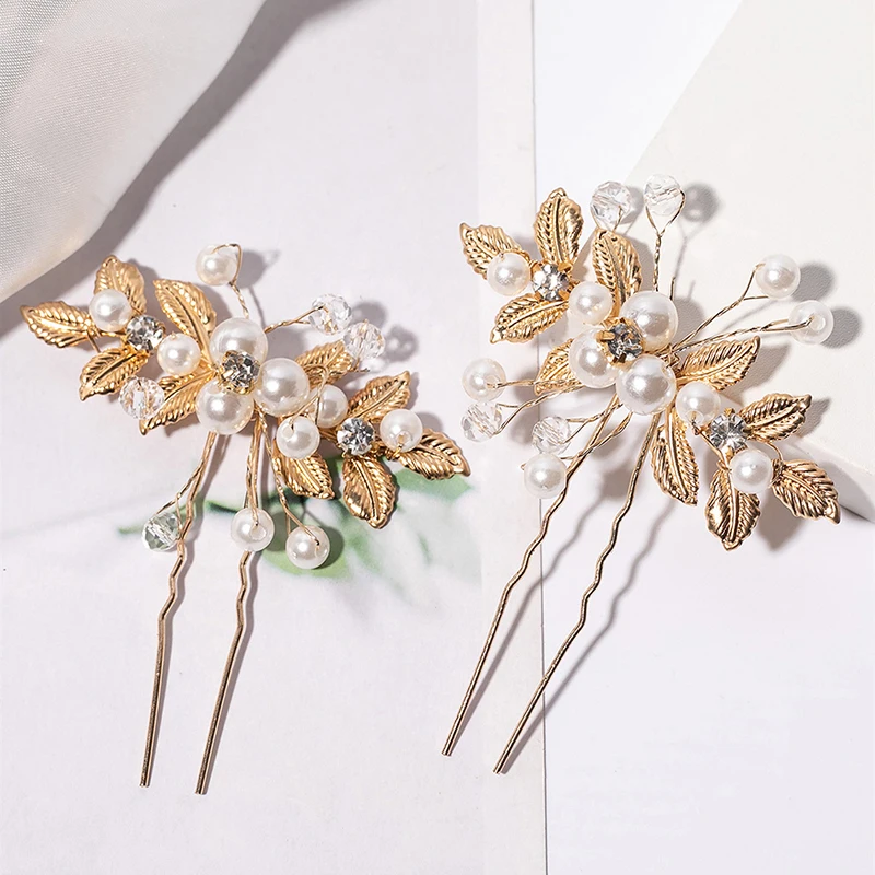 

Retro Flower Leaf Hair Clips Pearl Crystal U-Shaped Ancient Style Accessories Wedding Performance Small Hairpin Bridal Headwear