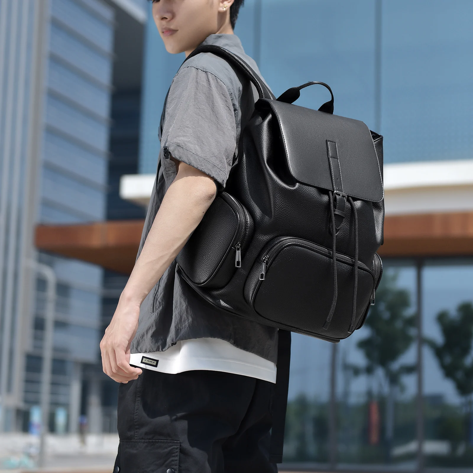 

Versatile Drawstring Backpack for Men Waterproof PU Leather Daypack with 15.6" Laptop Sleeve for Business Work Travel OutingGift