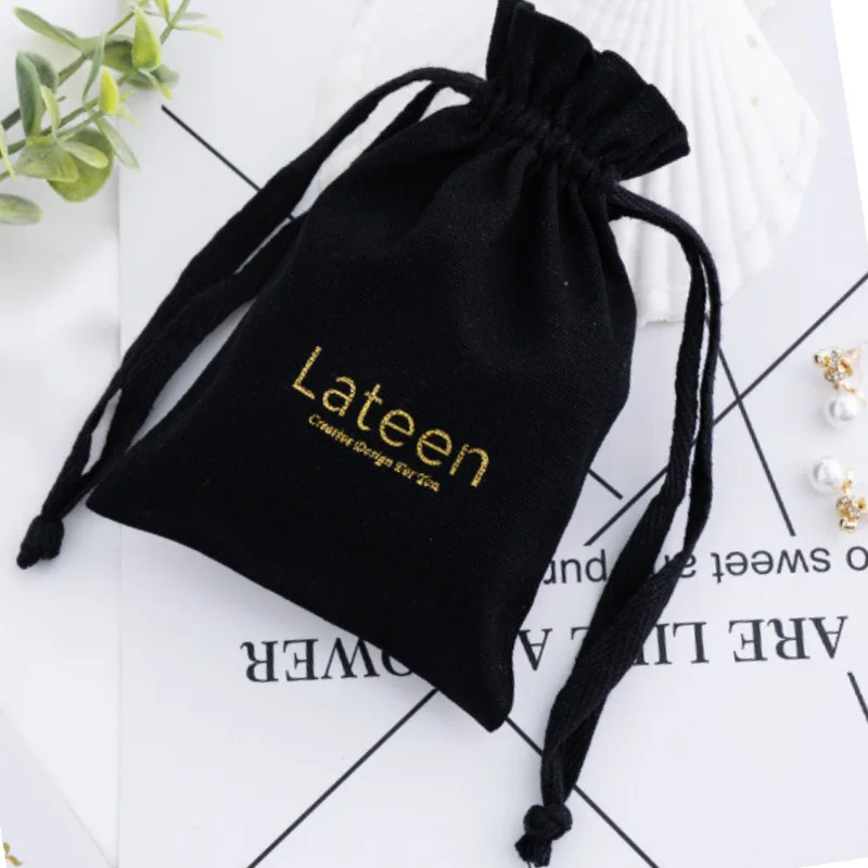 Custom Logo High Quality Small Canvas gift bag  Jewelry Cotton drawstring Pouch Black Orange Muslin Dust Sack