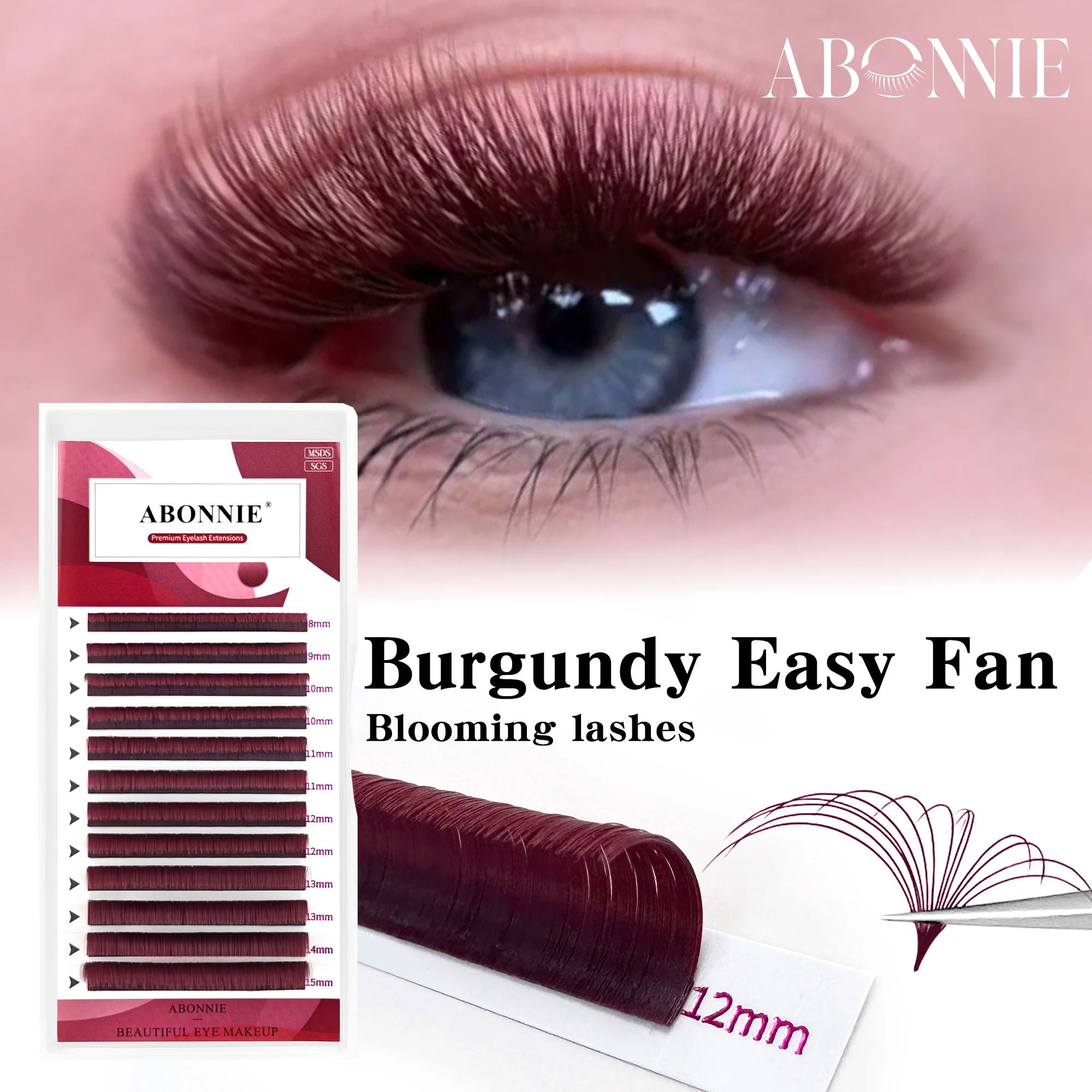 Abonnie 0.07MM Cílios Easy Fan Blooming Borgonha 8-15mm, Extensão de Cílios Volume Efeito Florido Rápido Vermelho Vinho Fosco