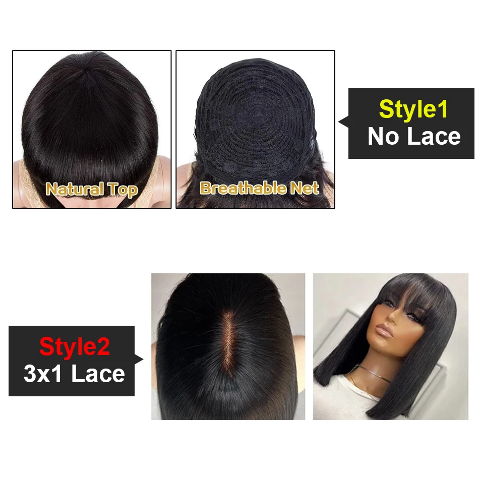 Wiggogo 3X1 Middle Part Lace Wig 100% Human Hair Straight Human Hair Wig With Bangs Glueless Wig Human Hair Ready To Wear And Go