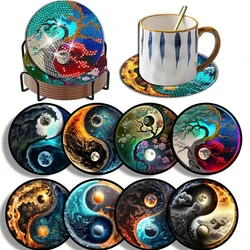 8 pieces/set of Tai Chi Bagua diamond painted coaster set, sparkling water diamond heat-resistant beverage coaster with bracket