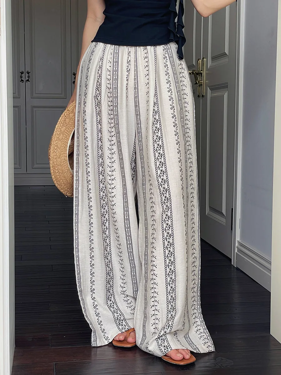 

Женские льняные брюки BJTZ 2026 весна-лето с винтажным принтом, широкие, повседневные, в расслабленном стиле, свободного кроя