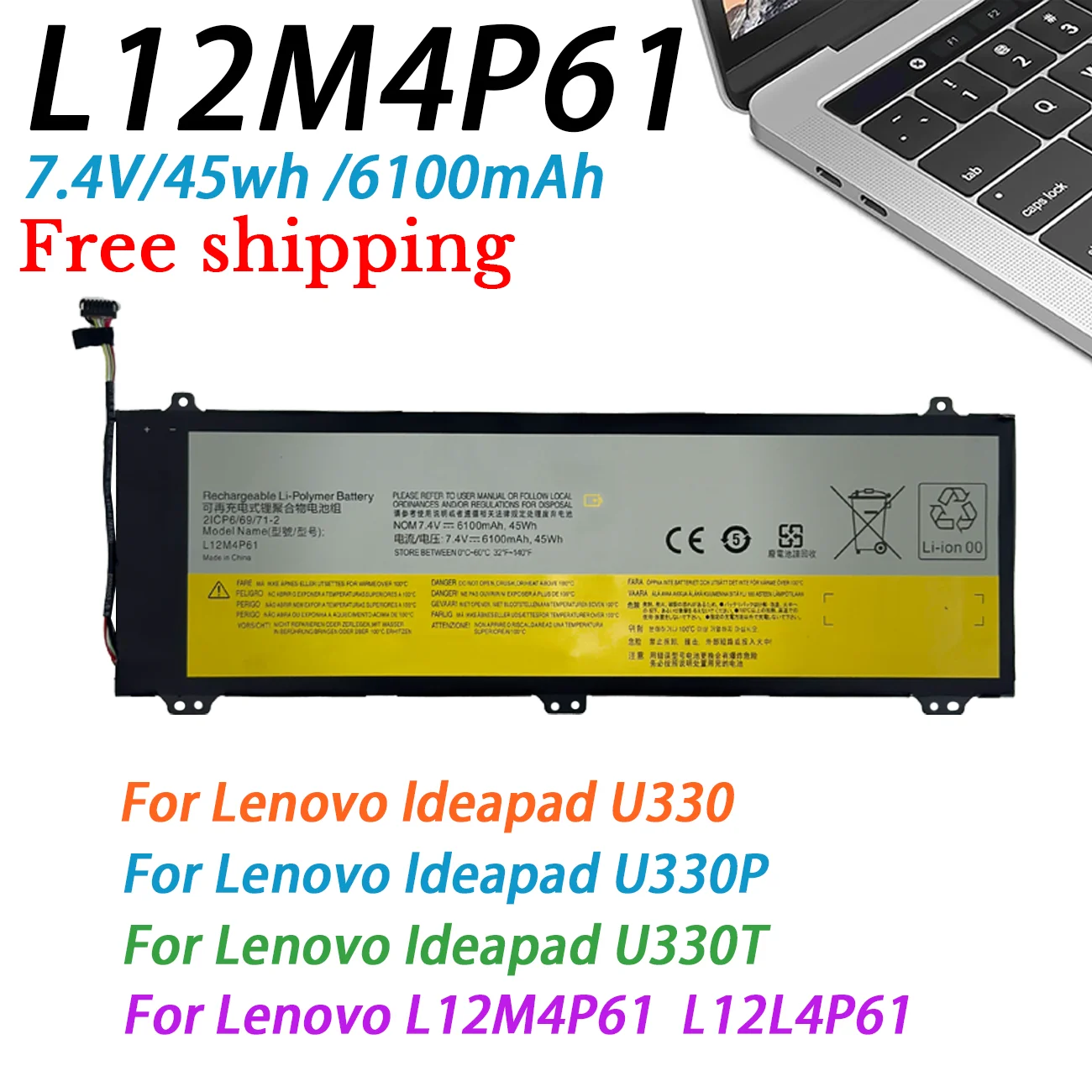 L12M4P61 4cell 7.4V 6100mAh 45Wh Rechargeable Laptop Battery for Lenovo IdeaPad U330P U430P U330T L12L4P61 Laptop Battery