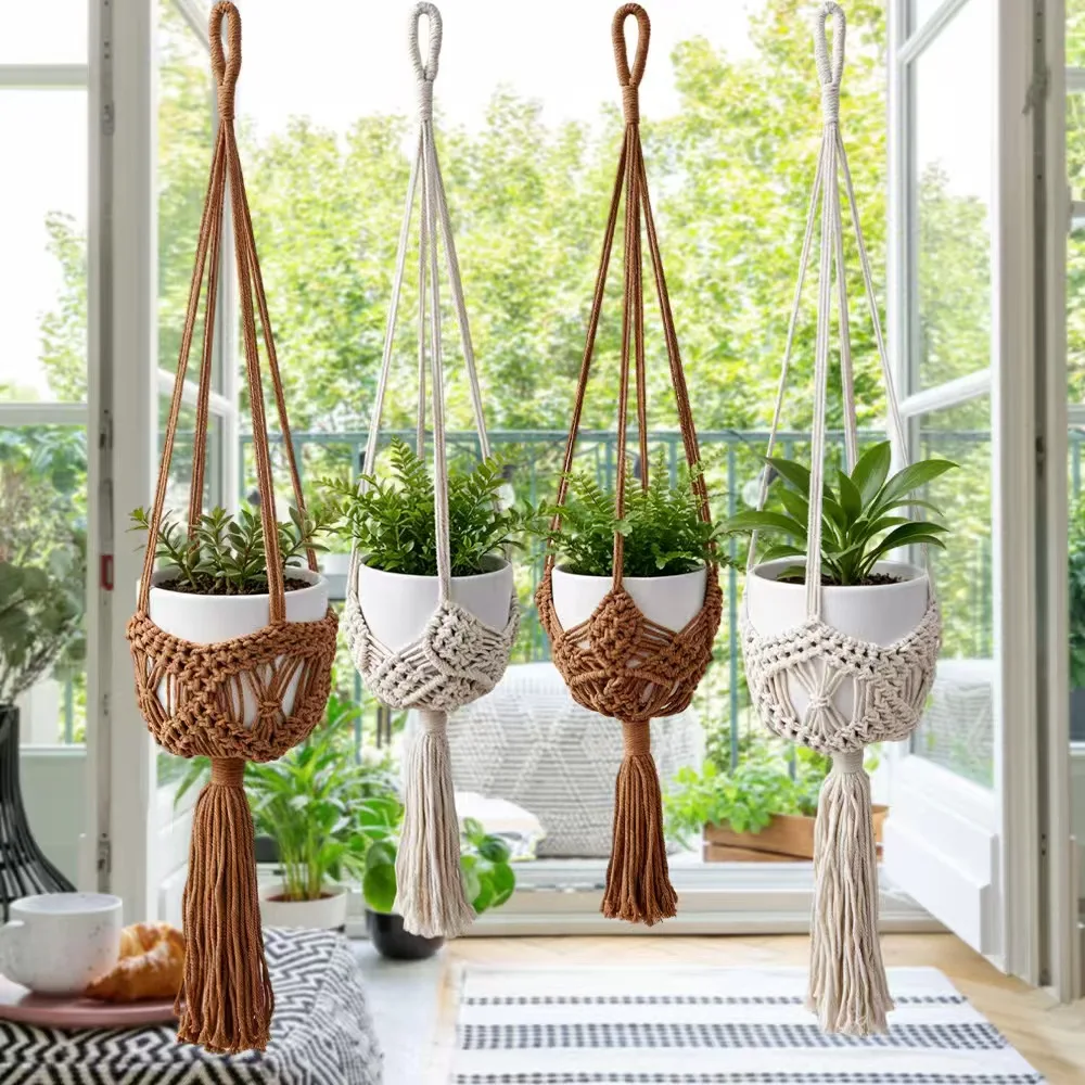 

Boho Plant Hanger with Net Pouch, Macrame Flower Pot Holder, Cotton Rope Woven Hanging Basket for Indoor Outdoor