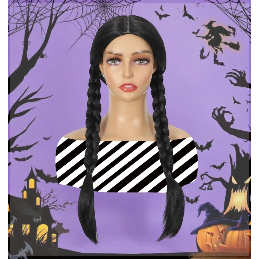 شعر مستعار أسود طويل مستقيم الجزء الأوسط 26 بوصة شعر مستعار صناعي بديل لمهرجان الهالوين والحفلات التنكرية بمظهر واقعي #5