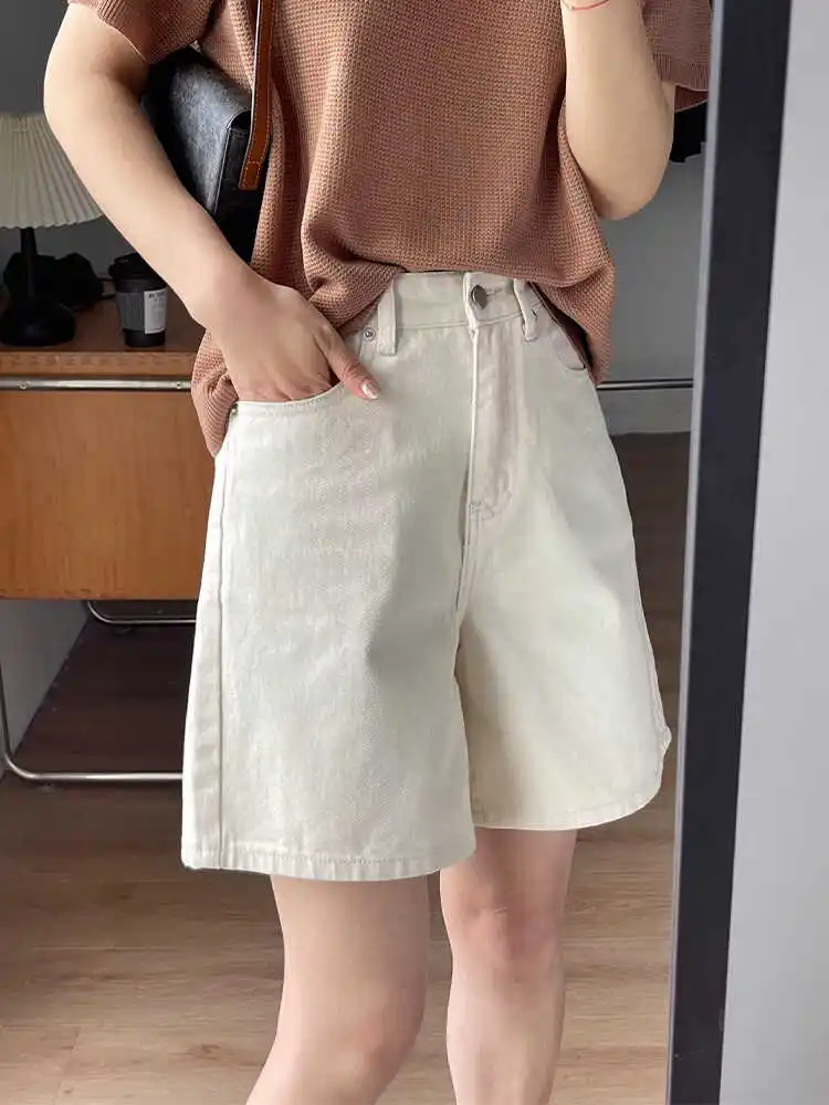 

Summer Thin Light Beige High Waist Loose Fit Women's Denim Shorts High Waist Wide Leg Cotton Stretch Wear Resistant Shorts