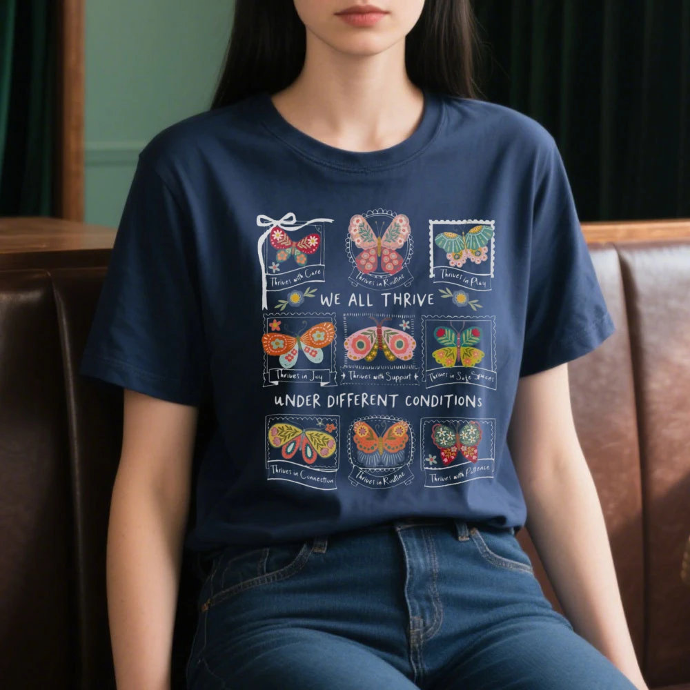 Autism Inclusion Women T-Shirt Floral Butterfly Neurodivergent Shirt Women Special Education Teacher Tops Mental Health Clothes