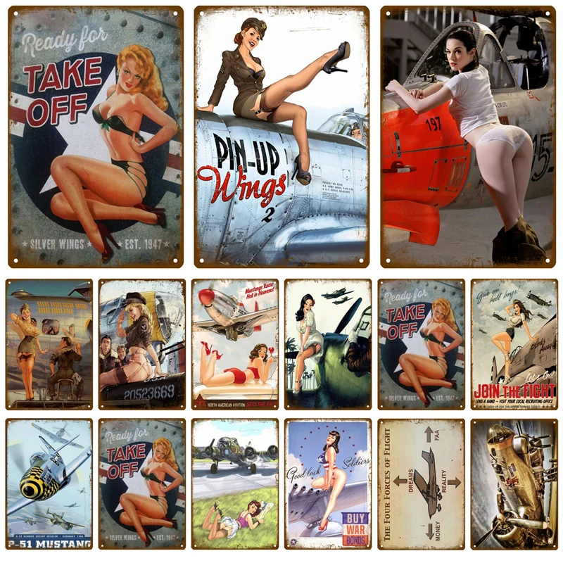 Metal Sign Pin Up Girls Vintage Tin Sign Airplane Poster American France Navy Air Plane Wall Art Painting Pub Bar Home Decor