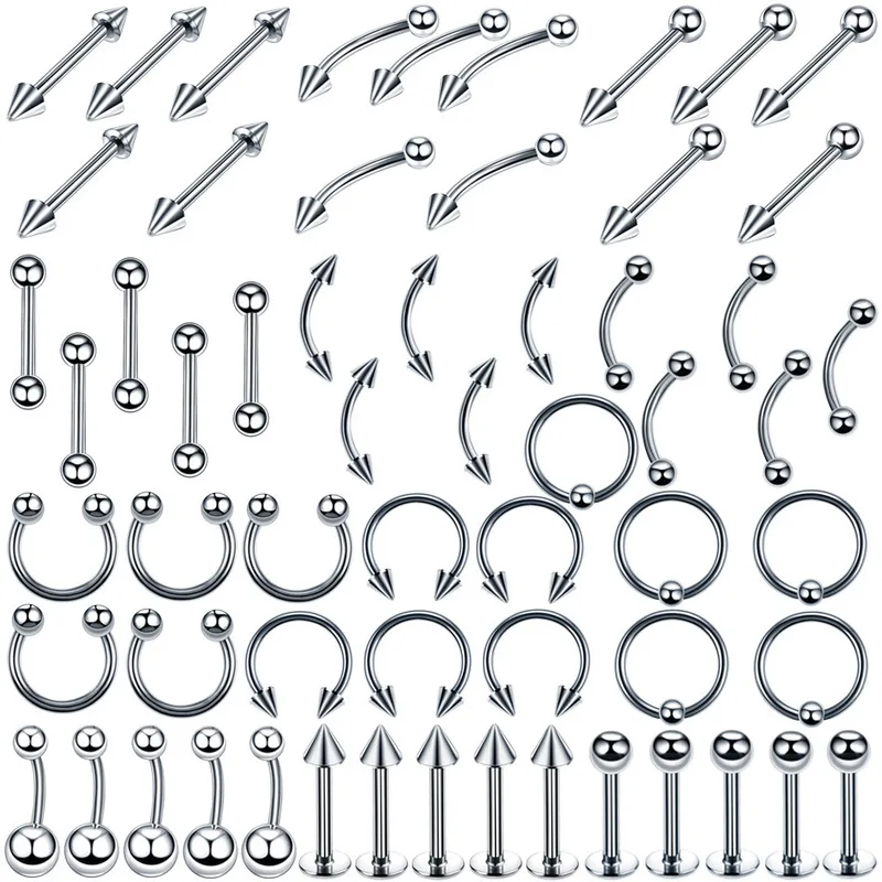 40/60PC Stainless Steel Nose Ring Tongue Bar Set Eyebrow Labret Piercing Set Horseshoe Ring Lot Women Pack Body Jewelry Gift