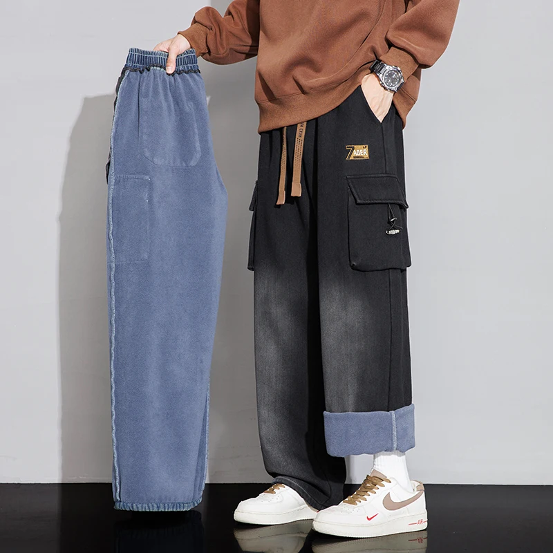 New Winter Velvet Denim Jeans Wide Leg Washing Jean Pants Men Trousers Neutral Loose Casual Outdoor Fashion Pants Big Size 8xl