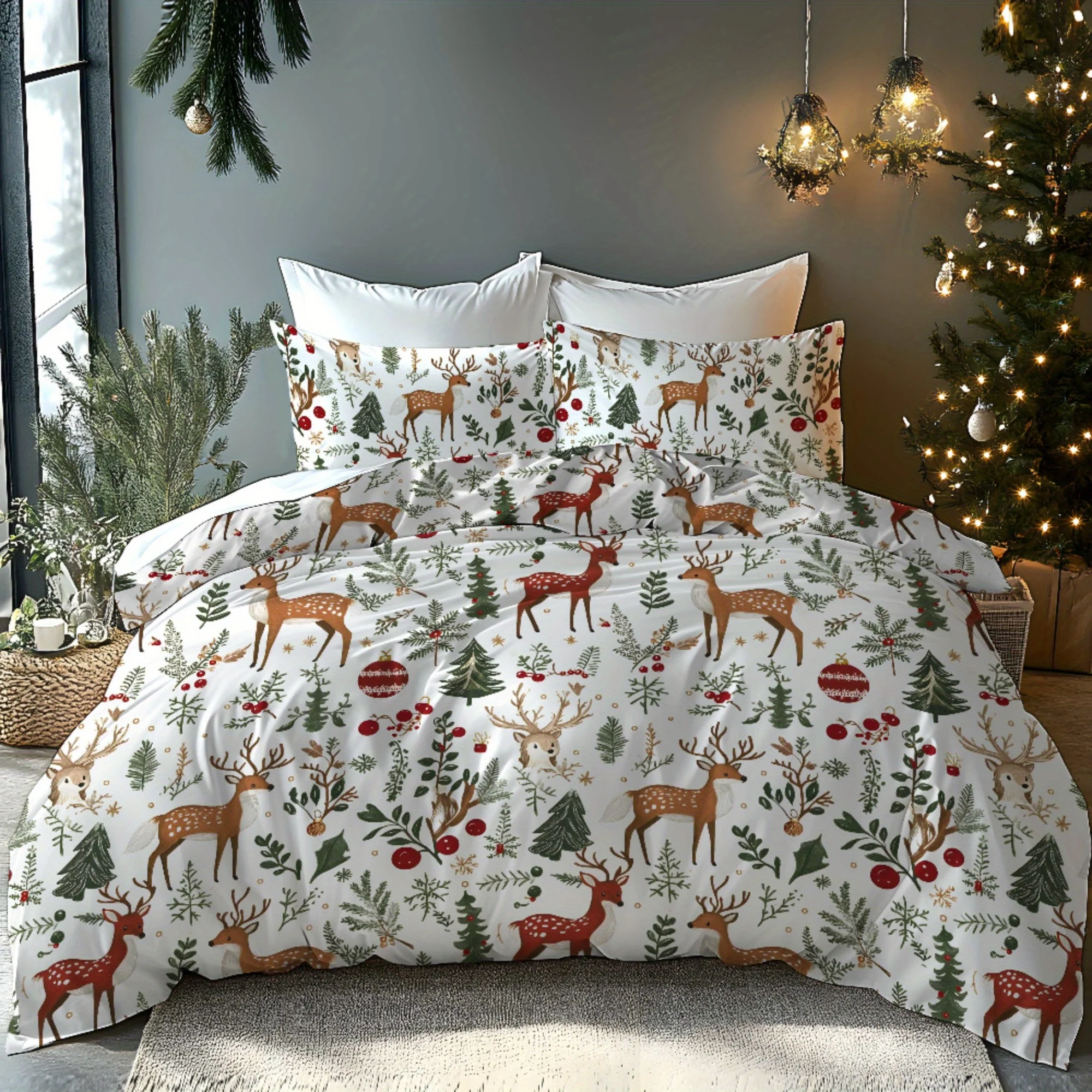 Christmas Duvet Cover Set 3 Piece Reindeer Tree Fruit Pattern Ultra Soft Brushed Bedding for Bedroom Hotel Dormitory