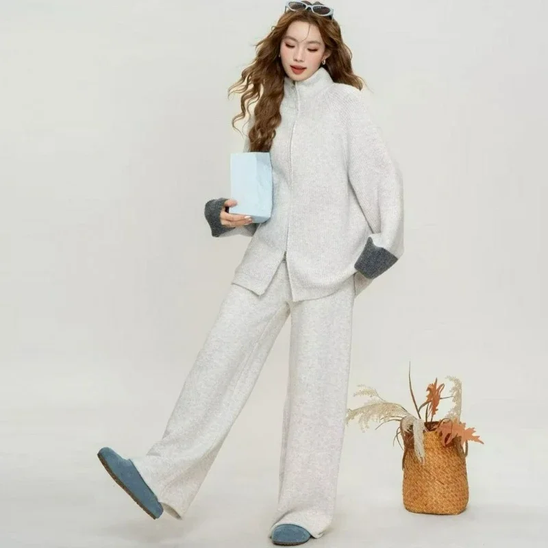 

Свободный комплект из двух предметов для отдыха с двойной молнией для женщин, зимний комплект вязаных брюк в корейском стиле в стиле пэчворк с цветными блоками и длинными рукавами