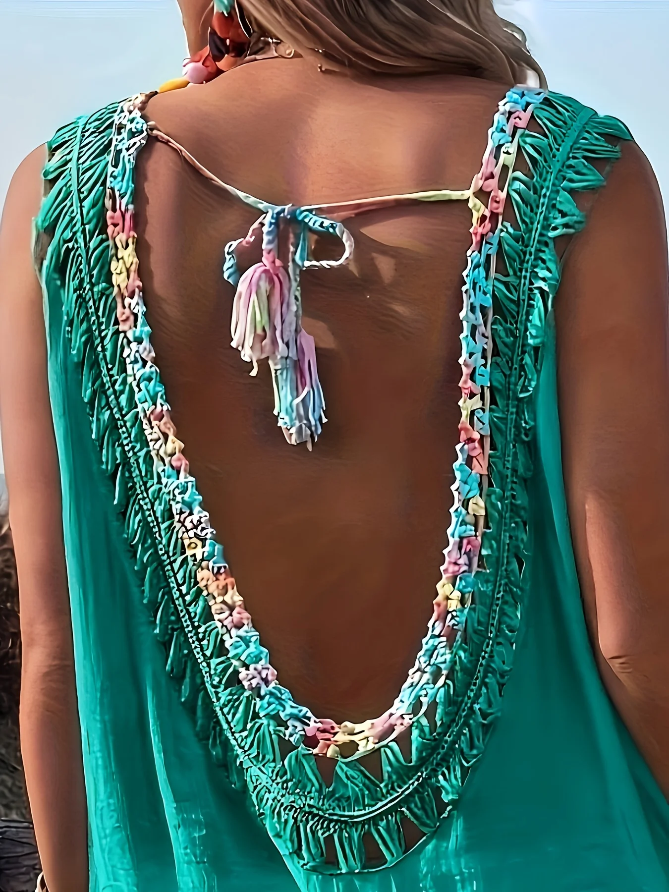 

Женская пляжная накидка больших размеров, однотонная, с V-образным вырезом, без рукавов, полупрозрачная, с вязаным кружевным воротником на шнуровке и струящимся бахромчатым подолом, модная, повседневная