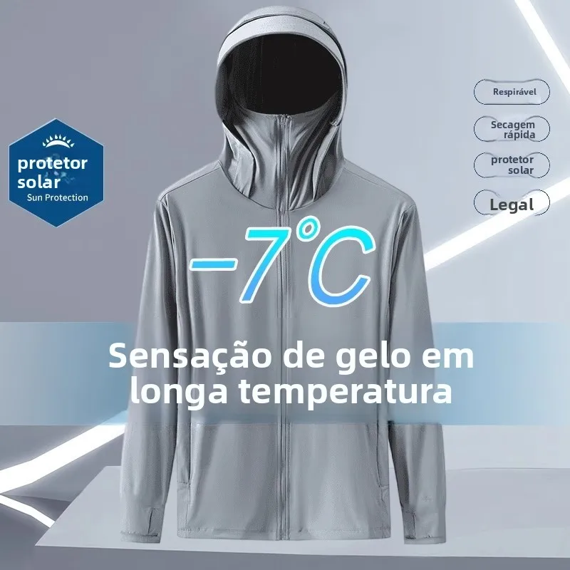 Roupa de Proteção Solar com Capuz em Seda Gelada para o Verão, Proteção UV, Moda Masculina para Pesca, Sem Marca