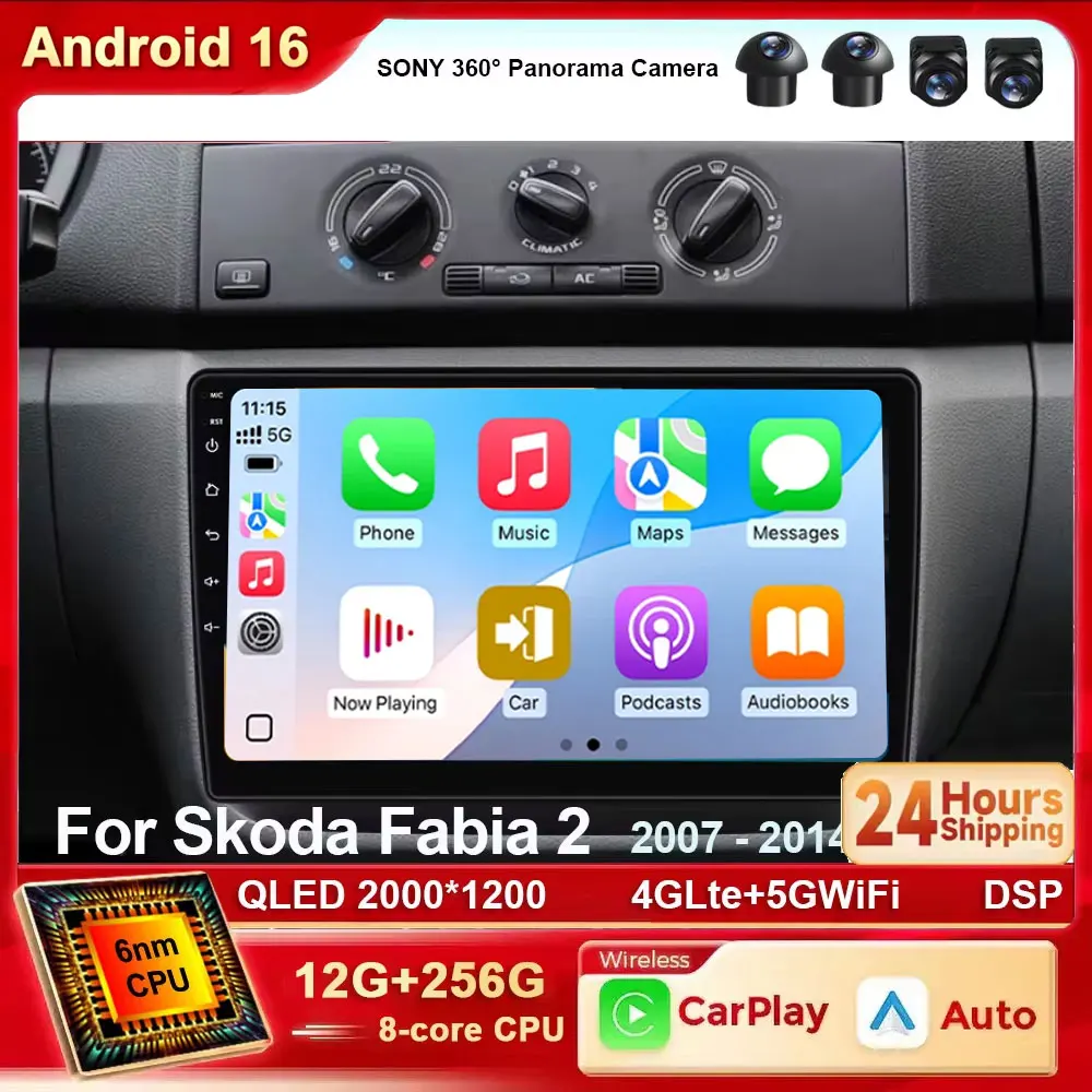 Android 16 Car Radio For Skoda Fabia 2 2007-2014 Multimedia Navigation GPS 4G WIFI Carplay Android Auto Player Carplay QLED 360