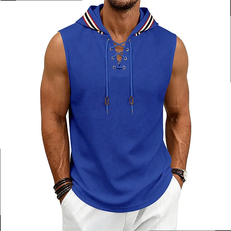 Men's Sleeveless Hooded Vest Casual Loose Drawstring Waffle Knit Sports Vest for Spring Summer