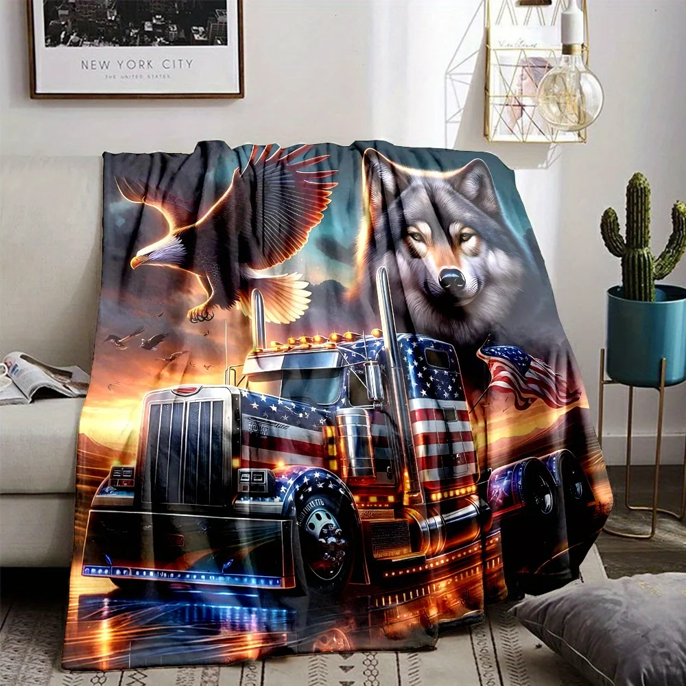 Heavy Duty American Truck Wolf Flag Throw Blanket for Men Car Enthusiast Diesel Gift Home Decor