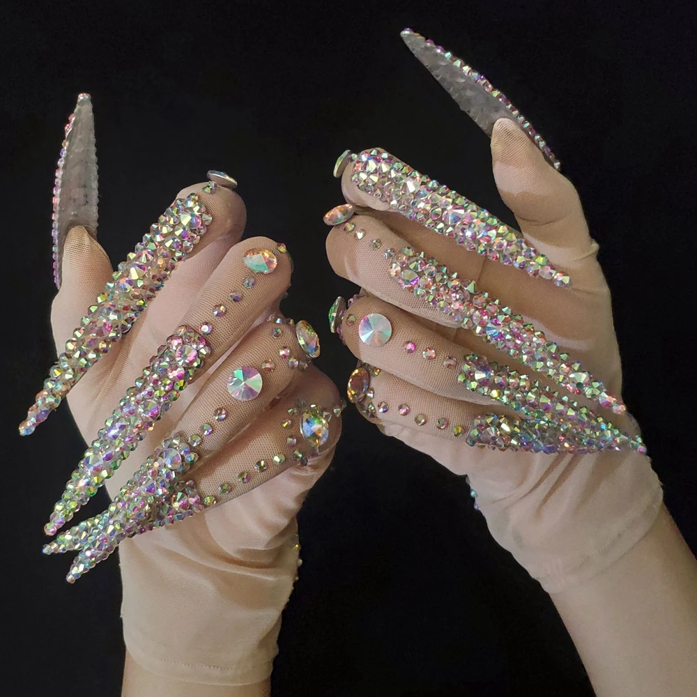 Guantes de perlas de diamantes de imitación AB para mujer, lujosos guantes de uñas de longitud grande, traje de Drag Queen, accesorios de actuación