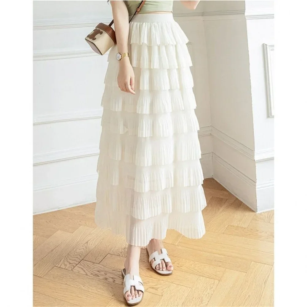 Women's Slimming Midi-length Skirt Elastic High Waist Chiffon Patchwork Layered Cake Skirt A-line Mini Skirt Oversized Skirts