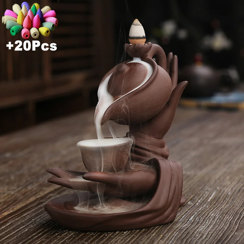 New Peculiar Home Decorations Zen Meditation Buddha Hand Tea Ceremony Backflow Incense & Candle Holders