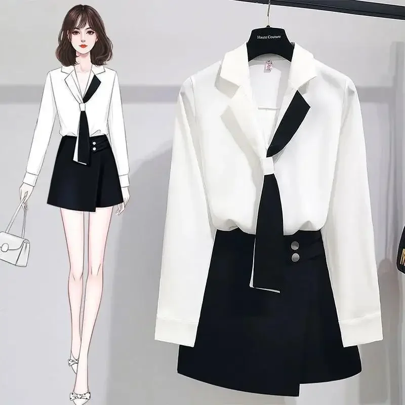 

Girl White Shirt Top Midi Skirt Two-piece Women's Professional Suit Korean Fashion Elegant Blouse Dress Set Female Clothes F291