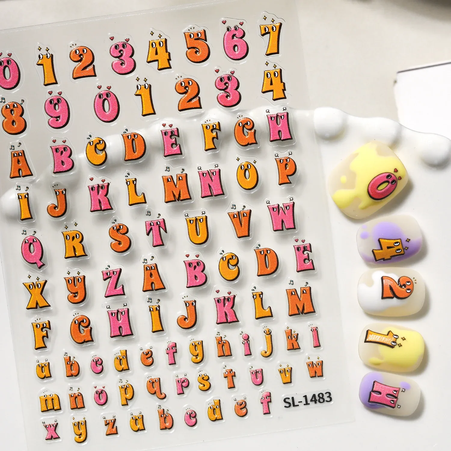 1 Set 5D Embossed Color Creative Letter Nail Stickers Versatile Letters Numbers Self-Adhesive DIY Manicure Nail Decor Ornaments