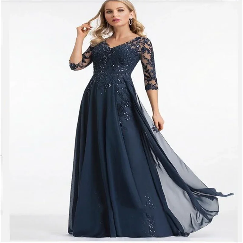 

A-line V-Neck Elegant Floor-Length Chiffon Lace Applique Plus Size Mother of the Bride Dress With Sequins For Mom