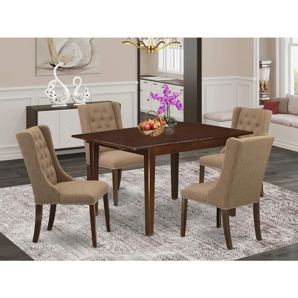 

Milan 5 Piece Dinette Set Includes a Rectangle Dining Room Table with Butterfly Leaf and 4 Light Sable Linen Fabric Upholstered