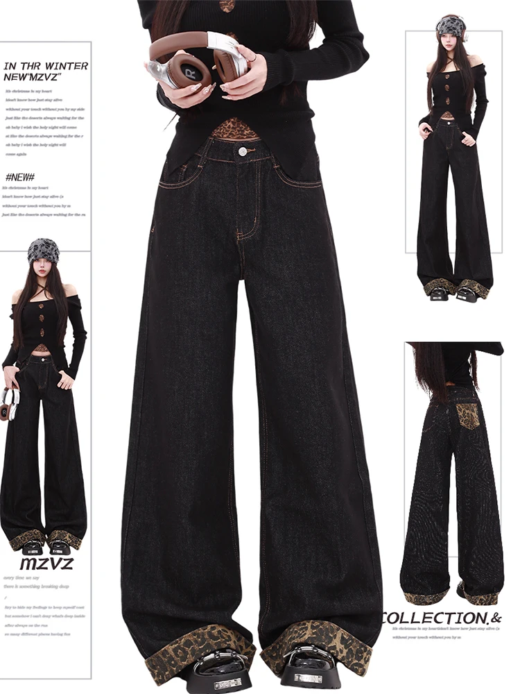 

Winter Women's Flared Jeans High Waist Y2k Vintage Denim Pants Baggy Harajuku Japanese Designer Jeans Leopard Print Grunge Punk