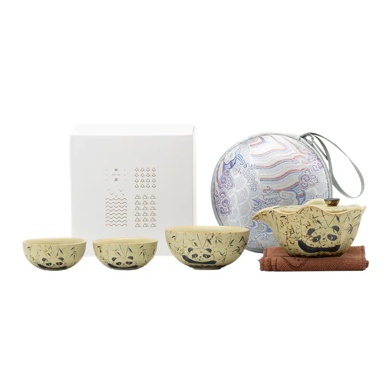 Panda Playing Bamboo Ceramic Luxury Retro Gaiwan Travel Tea Set One Pot Three Cups Portable Outdoor Camping Tea Tool Set Gift